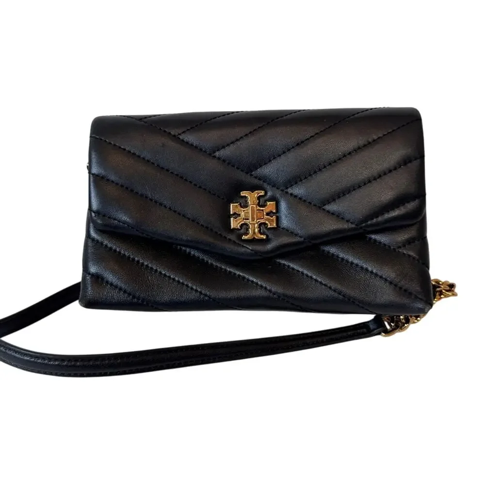 Tory Burch Black Leather Kira Quilted Crossbody Handbag Purse Gold Chain Strap